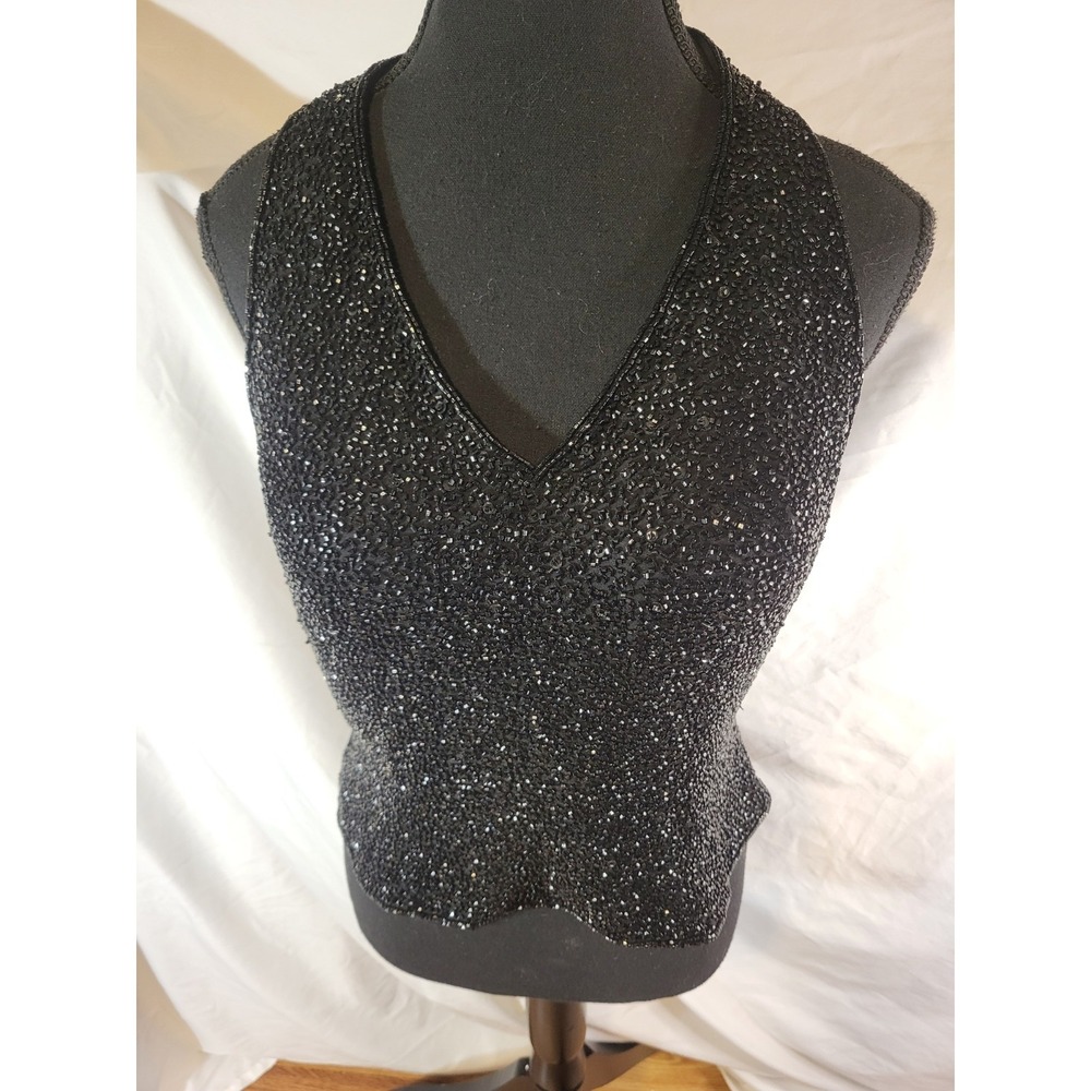 Vintage Y2K Cache Size M Black Silk Beaded Halter Top